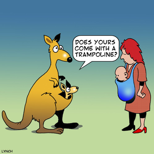 Cartoon: Trampoline (medium) by toons tagged kangaroos,trampoline,baby,bjorn,babies,animals,motherhood,pregnant,kangaroos,trampoline,baby,bjorn,babies,animals,motherhood,pregnant