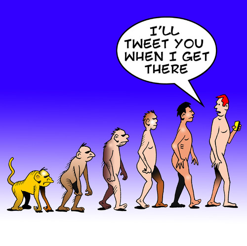 Cartoon: Tweet you (medium) by toons tagged twitter,tweets,mobile,phones,cell,evolution,darwin,theory,apes,monkeys,communications,mankind,texting,sms