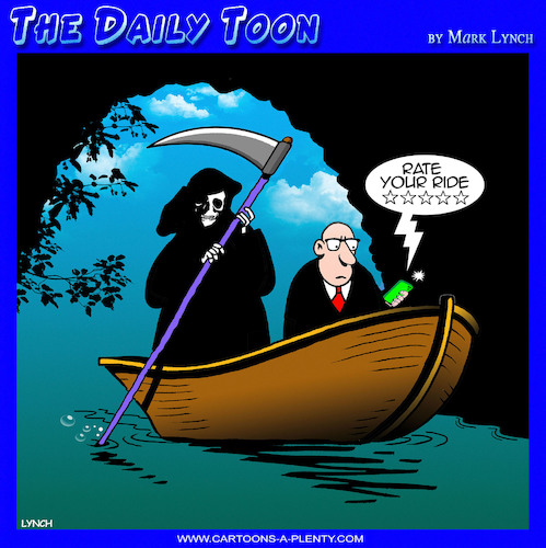 Cartoon: Uber driver (medium) by toons tagged grim,reaper,uber,ratings,rate,your,trip,five,stars,river,styx,grim,reaper,uber,ratings,rate,your,trip,five,stars,river,styx