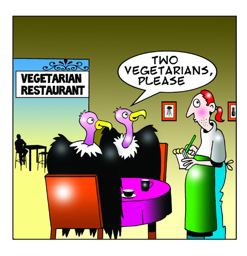 Cartoon: vegies (medium) by toons tagged vegetarian,vultures,restaurant,gm,foods,genetically,modified,birds,animals,waiters,chefs,cooks,service,industry