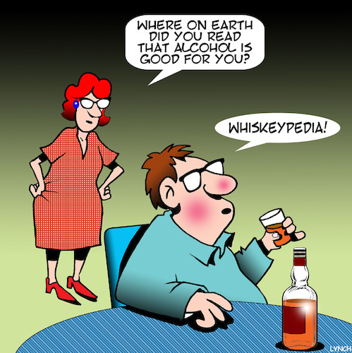 Cartoon: Wikipedia (medium) by toons tagged whiskey,alcohol,scotch,drinking,henpecked,nagging,whiskey,alcohol,scotch,drinking,henpecked,nagging