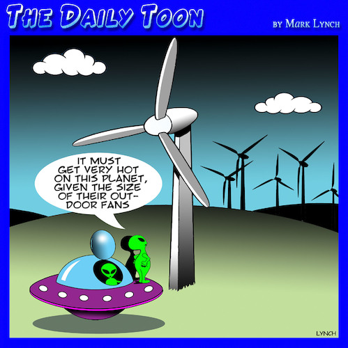 Cartoon: Wind farms (medium) by toons tagged wind,turbine,flying,saucer,aliens,energy,wind,turbine,flying,saucer,aliens,energy