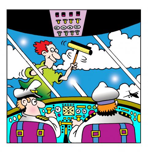 Cartoon: window washer (medium) by toons tagged window,washer,airlines,windshield,washers,pilpots,captain,aircraft