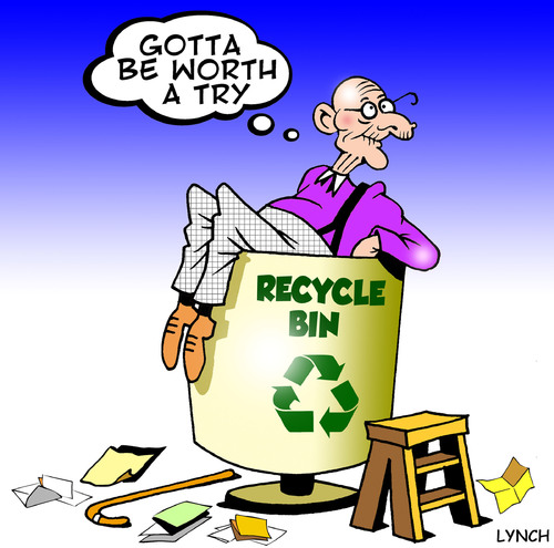 Cartoon: worth a try (medium) by toons tagged recycle,recycling,environment,old,age,ecology,pension,soylent,green,planet,earth,day,garbage,renewable,energy,carbon,footprint,fossil,fuel