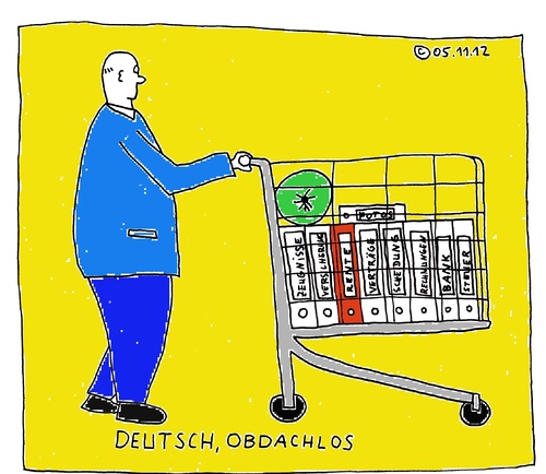 Cartoon: Deutsch-Obdachlos (medium) by Müller tagged deutsch,obdachlos,akten,german,homeless,files,einkaufswagen,trolley