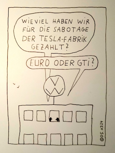 Cartoon: Euro oder GTI? (medium) by Müller tagged vw,tesla,sabotage