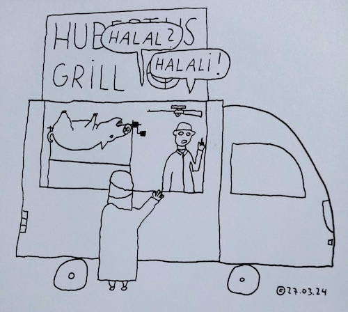 Cartoon: Halal? Halali! (medium) by Müller tagged halal,halali,schwein,jagd