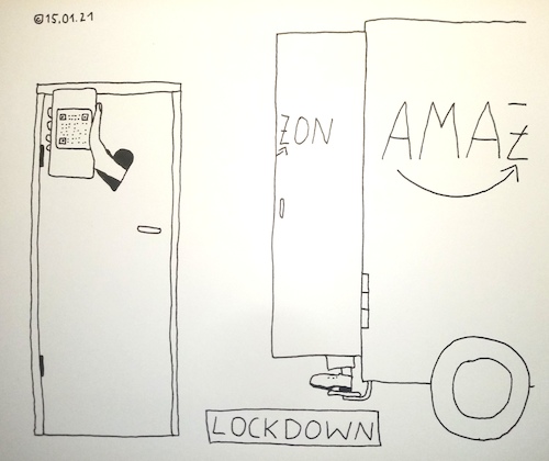 Cartoon: Lockdown (medium) by Müller tagged lockdown,amazon,klopapier,toilettissue