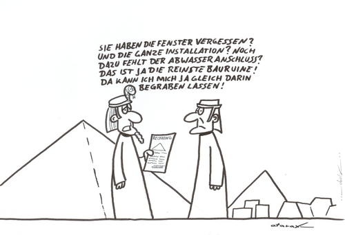 Cartoon: Pyramidenbau (medium) by tiefenbewohner tagged pyramide,bausparvertrag,pharao,begraben,eigenheim,hausbau,ägypten,architektur