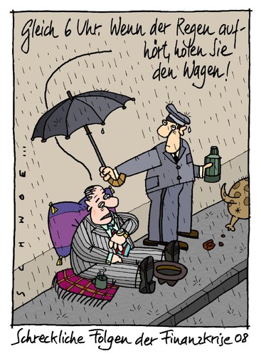 Cartoon: Bettelbanker (medium) by schwoe tagged bank,krise,manager,bonus,regen,chauffeur,verantwortung,bettler