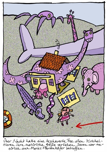 Cartoon: KuschelHorror (medium) by schwoe tagged kuscheltier,schmusetier,spielzeug,gigantisch,saurier,elefant,krokodil,wal,krake