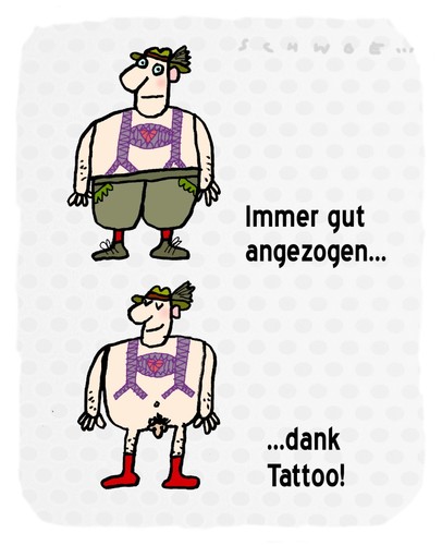 Cartoon: Lederhosen-Tattoo (medium) by schwoe tagged tattoo,tätowierung,mode,haut,arschgeweih,lederhose,hosenträger