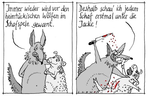 Cartoon: Schaf im Schafspelz (medium) by schwoe tagged wolf,schaf,misstrauen,schafsapelz,verstellung,kontrolle