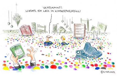 Cartoon: Ein Leck (medium) by H Mercker tagged möbel,überflutung,bälle,kinder,ikea,kinderparadies