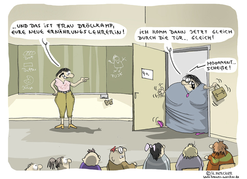 Cartoon: Frau Dröllkamp (medium) by H Mercker tagged klassenzimmer,klasse,dröllkamp,unterricht,kinder,schüler,lehrer,lehrerin,tafel,tür,ernährung