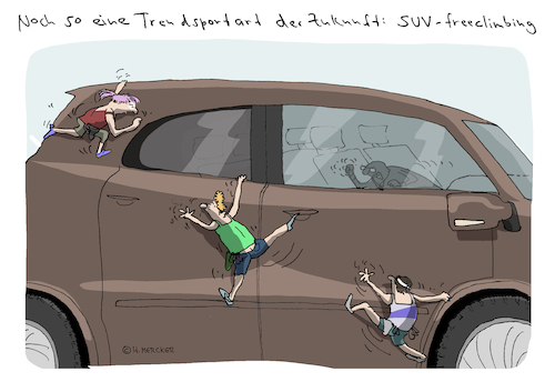 Cartoon: Freeclimbing (medium) by H Mercker tagged suv,auto,fahrzeug,größe,groß,berg,freeclimbing,klettern,ärger,cartoon,mercker,suv,auto,fahrzeug,größe,groß,berg,freeclimbing,klettern,ärger,cartoon,mercker