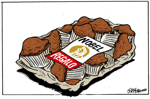 Cartoon: Un Nobel de regalo (medium) by jrmora tagged obma,premio,nobel,paz,usa,eeuu