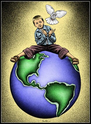 Cartoon: Child Of The Universe (medium) by BenHeine tagged child,dove,earth,birth,peace,soul,alexander,aleksandr,bondarowicz,childoftheuniverse,eplosion,world,continents,lava,blue,terre,paix,enfant,kinder,nature,sea,mer,green,hold,colombe,astonish,surprise,youth,hope,future,fly,sandale,dzieczi,poem,