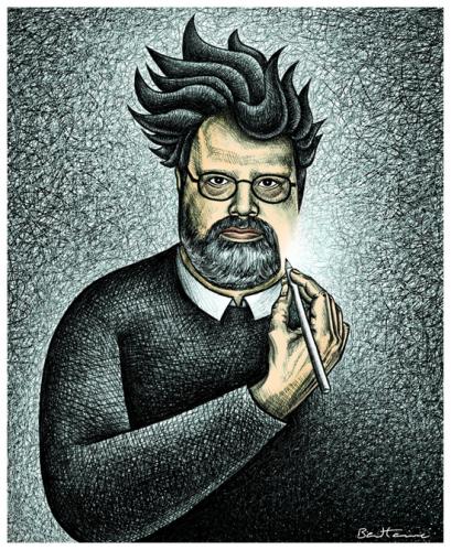 Cartoon: David Baldinger (medium) by BenHeine tagged davidbaldinger,peoplesweeklyworld,benheine,irancartoon,drawer,interview,freedomofexpression,friend,disappear,glasses,pencil,bic,hachure,self,portrait,beard,dragonball,longhair,