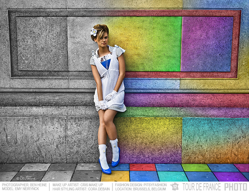 Cartoon: In A Rainbow City (medium) by BenHeine tagged woman,wall,rainbow,art,benheine,colorful,color,brussels,model,photography