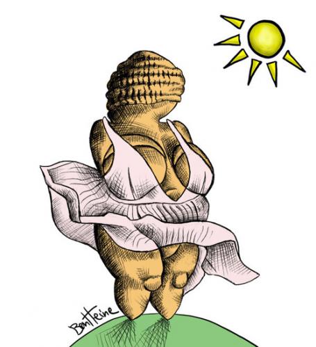 Cartoon: Marilyn Willendorf (medium) by BenHeine tagged venus,of,willendorf,marilyn,monroe,ideal,woman,love,breast,statue,primitive,old,symbol,history,archaic,naked,star,famous,icon,head,robe,wind,rays,contrast,hill,top,sweet,hot,pink,ancestor,vieux,dress,