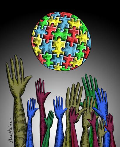Cartoon: New World (medium) by BenHeine tagged immigration,colour,world,planet,benheine,security,hand,arm,harm,hold,jump,throw,migration,save,puzzle,jigsaw,mysterious,land,earth,fingers,dark,sombre,contrast,