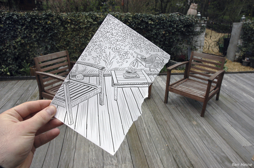 Cartoon: Pencil Vs Camera - 1 (medium) by BenHeine tagged pencil,vs,camera,drawing,photo,ben,heine,conceptual,patio,chair