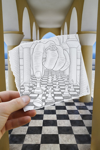 Cartoon: Pencil Vs Camera - 37 (medium) by BenHeine tagged art,ben,heine,arcade,architecture,benheine,arch,checkmate,chess,drawing,vs,photography,game,hand,imagination,reality,king,paper,pencil,camera,play,queen,samsung,imaging,the,artistery