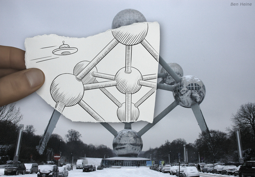 Cartoon: Pencil Vs Camera - 3 (medium) by BenHeine tagged atomium,pencil,vs,camera,brussels,belgium,ufo,ovni,ben,heine,monument,drawing,poem,peter,quinn