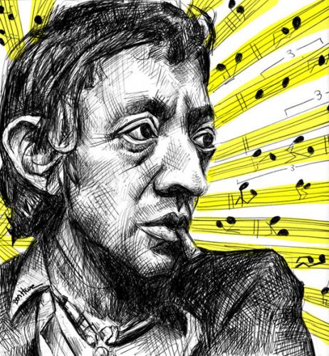 Cartoon: Serge Gainsbourg (medium) by BenHeine tagged serge,gainsbourg,france,chanteur,sea,and,sun,sing,famous,star,debauche,cigarette,drogue,amour,jane,birkin,musical,notes,music,exces,collier,necklace,addiction,song,love,romantic,drugs,sexe,yellow,sad,ben,heine,