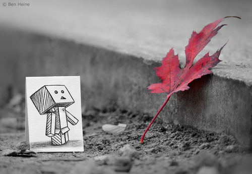 Cartoon: Something in Common (medium) by BenHeine tagged art,be,my,friend,ben,heine,cute,danbo,danboard,japanese,manga,kaiyodo,miura,hayasaka,pencil,vs,camera,revoltech,robot,samsung,something,in,common,the,artistery,yotsuba,nature,autumn,fall,selective,color,red,opposition,friendship,curiosity,question,pavemen