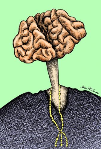 Cartoon: The Brain is the weight of God (medium) by BenHeine tagged brain,cross,hatching,pullover,think,cervella,necklace,volutes,pink,intelligence,clever,stupid,neck,caricature,self,man,path,way,profile,ben,heine,,the