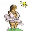 Cartoon: Marilyn Willendorf (small) by BenHeine tagged venus of willendorf marilyn monroe ideal woman sex love breast statue primitive old symbol history archaic naked star famous icon head robe wind sun rays contrast hill top sweet hot pink ancestor vieux dress sun 