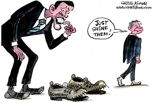 Cartoon: Obama s new shoes (medium) by Christo Komarnitski tagged barack,obama,usa,president,bush,transition,war,economy