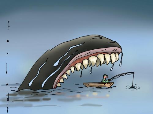 Cartoon: Fishing (medium) by Farhad Foroutanian tagged fishing,fischen,fischer,fisch,wal,säugetier,maul,zähne,rachen,boot,angeln,angler,wasser,see,meer,fischfang,kreislauf,natur,nahrung,lebensmittel,essen,fressen,gefahr,schicksal