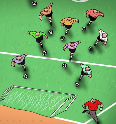Cartoon: Goal (medium) by Farhad Foroutanian tagged footbal,fußball,fussball,wegrennen,spiel,fußballspiel,mannschaft,spieler,sportler,torwart,ball,weglaufen,überfordert,bälle,torschütze,schießen