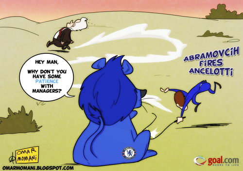 Cartoon: Abramovcih fires Ancelotti (medium) by omomani tagged ancelotti,abramovic,chelsea,premier,league