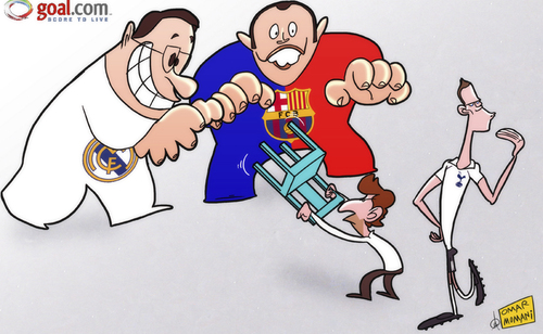 Cartoon: AVB battles (medium) by omomani tagged barcelona,gareth,bale,perez,real,madrid,rosell,tottenham,villas,boas