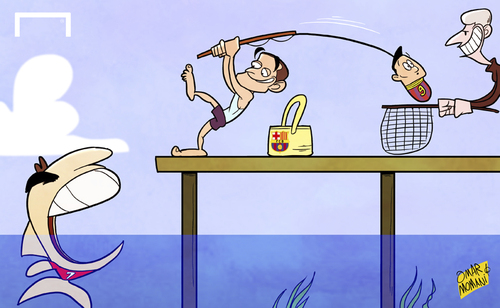 Cartoon: Barca go fishing for Suarez (medium) by omomani tagged arsenal,barcelona,liverpool,luis,enrique,sanchez,suarez,wenger