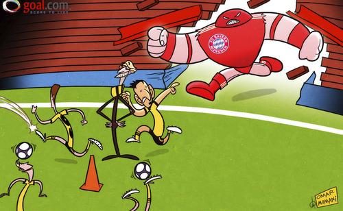 Cartoon: Bayern Munich juggernaut (medium) by omomani tagged bvb,finale,endspiel,pokal,dfb,fcb,münchen,guardiola,pep,dante,league,champions,munich,bayern,borussia,dortmund,klopp,pokalfinale,kloppo,jürgen,karikatur,cartoon,fundortmund,ilkay,gundogan,juggernaut,jurgen,marco,reus,robert,lewandowski