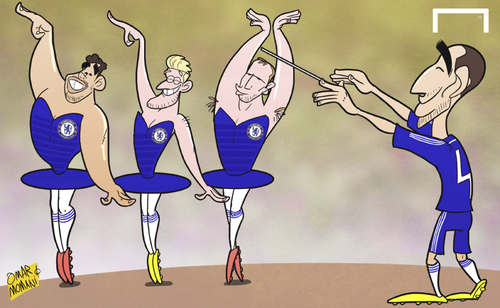 Cartoon: Fabregas orchestrates Chelsea (medium) by omomani tagged andre,schurrle,branislav,ivanovic,chelsea,diego,costa,fabregas,premier,league