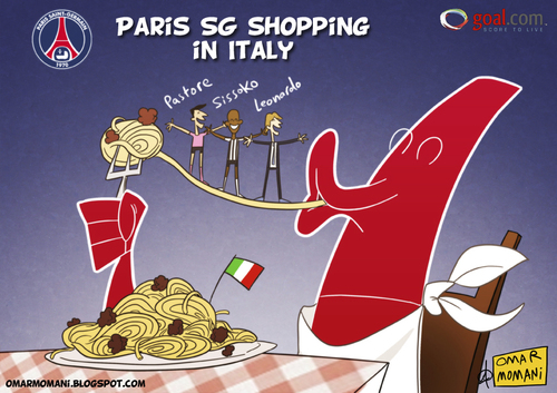 Cartoon: Paris Saint-Germain in italy (medium) by omomani tagged paris,saint,germain,leonardo,sissoko,pastore,ligue1,serie,france,italy,brazil,argentina,mali,inter,milan,palermo,juventus,soccer,football