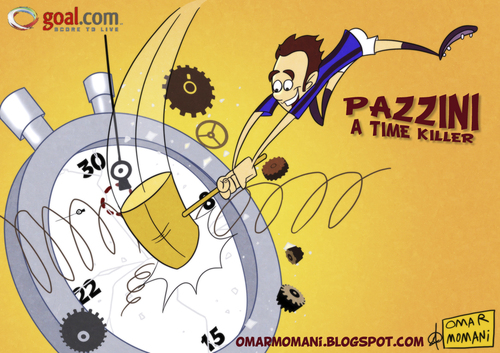 Cartoon: Pazzini a time killer (medium) by omomani tagged pazzini,inter,milan,internazionale,cesena,serie,italy,clock,stop,watch,extra,time,football,soccer,cartoon,caricature