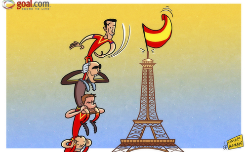 Cartoon: Pedro flies the flag (medium) by omomani tagged eiffel,tower,france,iniesta,pedro,spain,victor,valdes,world,cup,qualifications,xabi,alonso