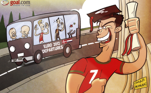 Cartoon: Ronaldo passes Euro 2012 exam (medium) by omomani tagged arjen,robben,cristiano,ronaldo,denmark,euro,2012,netherlands,nicklas,bendtner,portugal,sneijder,van,persie