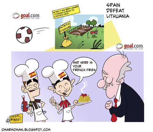 Cartoon: Spain and the potato field (medium) by omomani tagged xavi,casillas,del,bosque,spain,real,madird,barcelona,potato,lithuania