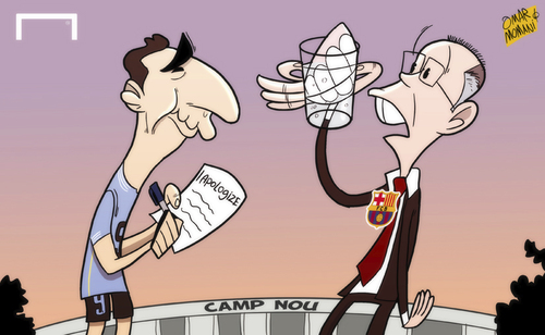 Cartoon: Suarez apologies (medium) by omomani tagged barcelona,camp,nou,josep,maria,bartomeu,suarez,uruguay,world,cup,2014