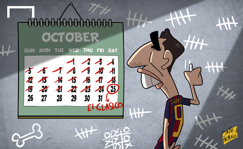 Cartoon: Suarez counting down the days (medium) by omomani tagged barcelona,clasico,la,liga,suarez