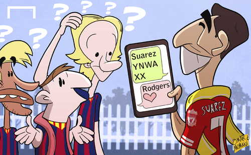 Cartoon: Suarez struggling to let go (medium) by omomani tagged barcelona,ivan,rakitic,liverpool,messi,neymar,suarez
