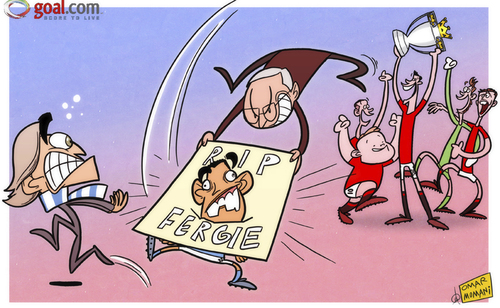 Cartoon: Take that Tevez (medium) by omomani tagged de,gea,ferguson,manchester,city,united,mancini,michael,carrick,premier,league,rooney,ryan,giggs,tevez,van,persie